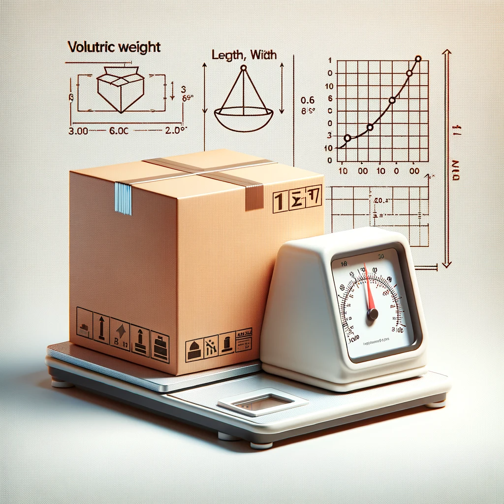 images illustrant le concept de poids volumétrique d'un carton. Elles montrent un carton avec ses dimensions indiquées, à côté d'une balance et d'une représentation visuelle du calcul du poids volumétrique, pour une compréhension claire de ce concept.